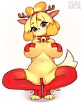 animal_crossing anthro asian_clothing bell big_breasts blonde_hair bow_tie breasts canid canine canis clothing crouching domestic_dog east_asian_clothing fake_antlers fake_ears fake_horns female front_view fur hair hi_res isabelle_(animal_crossing) japanese_clothing jingle_bell legwear looking_at_viewer maebari mammal nintendo pasties pussy_tape red_clothing red_legwear red_stockings shih_tzu simple_background smile solo spread_legs spreading stockings tail tape tealsick thigh_highs toy_dog white_background yellow_body yellow_fur