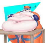 anthro belly belly_on_table belly_overhang belly_rest belly_rolls big_belly big_butt big_moobs blue_body blue_fur blush butt cheek_tuft claws clothing confusion deep_navel facial_tuft fur furniture handpaw head_tuft huge_butt looking_at_belly looking_at_self love_handles male moobs morbidly_obese morbidly_obese_anthro morbidly_obese_male multicolored_body multicolored_fur navel nude obese obese_anthro obese_male orange_body orange_fur overweight overweight_anthro overweight_male paws question_mark solo standing table tail thick_arms thick_tail thick_thighs toony tuft undressing white_body white_fur wide_hips ankie. nurko bear mammal 2020 digital_media_(artwork) hi_res shaded