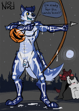 ambiguous_gender anthro arrow_(weapon) balls belly blue_body blue_fur blush blush_lines body_writing bone bow_(weapon) clothing costume dialogue digitigrade flaccid foreskin full_moon fur genitals ghost_costume group halloween_bucket halloween_costume holidays male moon navel outdoor_background outdoor_nudity outside paint pecs penis ranged_weapon skeleton speech_bubble standing text trio vampire_costume weapon nordicecream halloween nordicecream_(character) canid canine canis mammal wolf 2025 digital_drawing_(artwork) digital_media_(artwork) english_description english_text hi_res