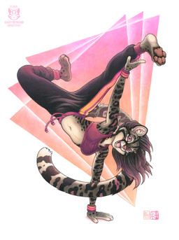 4_toes anthro barefoot bottomwear bra breakdancing breasts claws clothed clothing dancing feet female finger_claws handstand inner_ear_fluff looking_at_viewer midriff navel on_one_hand open_mouth open_smile pants pawpads paws pink_pawpads plantigrade purple_eyes simple_background smile soles solo sports_bra spread_legs spreading sweatpants toes tuft underwear upside_down wristband kacey felid feline leopardus mammal ocelot 2025 hi_res marker_(artwork) traditional_media_(artwork)