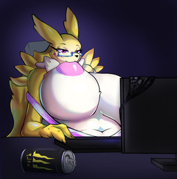 anthro beverage big_breasts breast_play breast_suck breastfeeding breasts computer_keyboard computer_monitor eyewear female glasses huge_breasts milk nipples self_suckle solo sucking anonidramon bandai_namco digimon titty_sucking_method lena_(anonidramon) canid digimon_(species) mammal renamon absurd_res hi_res