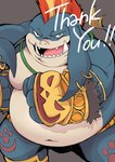 anthro belly big_belly blue_body kemono male navel open_mouth overweight overweight_male simple_background solo text shirokumaou final_fantasy final_fantasy_tactics square_enix seeq 2024 english_text hi_res