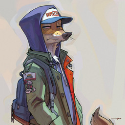 abstract_background accessory anthro backpack baseball_cap biped blue_eyes brown_body brown_fur clothed clothing fur half-closed_eyes hand_in_pocket hands_in_both_pockets hat headgear headwear hoodie jacket looking_at_viewer male narrowed_eyes neck_tuft open_clothing open_jacket open_topwear patch_(fabric) pin_accessory pin_button pockets simple_background solo standing text text_on_clothing text_on_hat text_on_headwear text_on_jacket text_on_topwear topwear tuft whiskers white_body white_fur samur_shalem dead_kennedys moses_(samur_shalem) canid canine canis coyote mammal 1:1 2021 digital_media_(artwork) english_text hi_res shaded signature