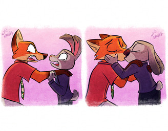 4_fingers anthro anthro_on_anthro biped bodily_fluids bottomwear buckteeth clothed clothed_anthro clothed_female clothed_male clothing crying duo eye_contact female female_anthro fingers fur gloves_(marking) grey_body grey_fur interspecies kissing looking_at_another male male/female male_anthro markings multicolored_body multicolored_fur necktie open_mouth orange_body orange_fur pants pink_nose shirt tail tears teeth topwear two_tone_body two_tone_fur katnay disney zootopia judy_hopps nick_wilde canid canine european_rabbit fox lagomorph leporid mammal oryctolagus rabbit red_fox true_fox