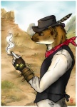 2013 bandanna brown_eyes brown_fur brown_nose cigarette claws clothed clothing cowboy desert ermine feather fur hat male outside side_view sky solo standing steampunk tanuki_(artist) whiskers
Rating: Safe
Score: 2
User: tony311
Date: June 13, 2013
