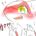 3_claws blush bodily_fluids claws embarrassed green_eyes kemono open_mouth simple_background solo spiral_eyes sweat sweatdrop teeth text white_background ravinosuke1 nintendo pokemon generation_3_pokemon latias legendary_pokemon pokemon_(species) 1:1 2015 hi_res japanese_text