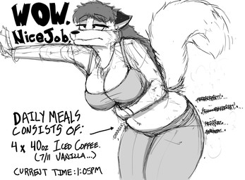 anthro bent_over big_breasts breasts cleavage clothed clothing discomfort fart female gurgle_(sound_effect) hair hand_on_wall indigestion long_hair midriff navel raised_tail rumbling_stomach shirt solo tail tank_top text topwear upset_stomach herro canid canine fox mammal red_fox true_fox english_text greyscale monochrome sketch
