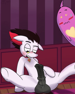 alternate_species anatomically_correct anatomically_correct_genitalia anatomically_correct_penis animal_genitalia animal_penis blush bodily_fluids collar deadbeat_(mystery_skulls) duo equine_genitalia equine_penis erection eyewear fangs feral fur genital_fluids genitals glasses heart_symbol male open_mouth penis precum presenting solo_focus teeth fishypony hasbro my_little_pony mystery_skulls fan_character mystery_(mystery_skulls) equid equine ghost horse mammal pony spirit 2014 digital_media_(artwork) hi_res