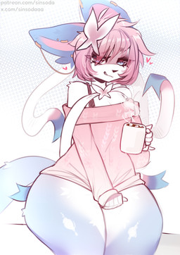 anthro beverage biped blue_body candy chocolate clothed clothing container cup dessert eyelashes femboy food hair holding_container holding_cup holding_object hot_chocolate huge_thighs looking_at_viewer male pink_clothing pink_hair pupils small_waist smile solo text thick_thighs wide_hips sinsoda nintendo pokemon eeveelution generation_6_pokemon pokemon_(species) sylveon hi_res url