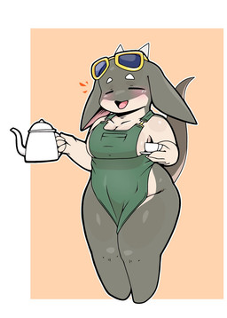 4_fingers anthro apron apron_only barista big_breasts blush breasts cleavage clothed clothing container cup curvy_figure eyebrows eyes_closed eyewear eyewear_on_head female fingers floppy_ears green_apron green_clothing grey_body hairless happy holding_container holding_cup holding_object holding_plate holding_teapot horn kemono multicolored_body non-mammal_breasts open_mouth open_smile plate side_boob simple_background smile solo sunglasses sunglasses_on_head tail tan_body teapot thick_tail thick_thighs three-quarter_view triangle_eyebrows white_eyebrows wide_hips drahati7 mythology latte_(sme4) dragon mythological_creature mythological_scalie scalie 2025 hi_res portrait