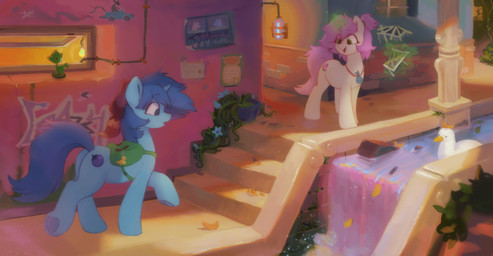 backpack blue_body blue_fur blue_hair duo female feral fur hair horn magic outside pink_hair stairs tan_body tan_fur walking waterfall orchidpony hasbro my_little_pony mythology meno_(orchidpony) orchid_(orchidpony) equid equine mammal mythological_creature mythological_equine unicorn absurd_res hi_res