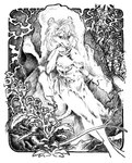 anthro big_breasts biped bottomwear breasts cheek_tuft clothing facial_tuft fangs female flower hair hatching leaning leaning_backward lidded_eyes loincloth long_hair looking_at_viewer midriff navel open_mouth outside plant smile solo tail teeth tuft lachland-nightingale mammal murid murine rat rodent absurd_res hi_res monochrome pen_(artwork) traditional_media_(artwork)
