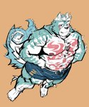 anthro black_nose blue_body blue_fur bottomwear clothing cute_fangs fur kemono male musclegut muscular nipples shorts simple_background solo white_body white_fur bonbonbear tuokemao lifewonders tokyo_afterschool_summoners oguchi_magami_(tas) canid canine canis mammal wolf 2021