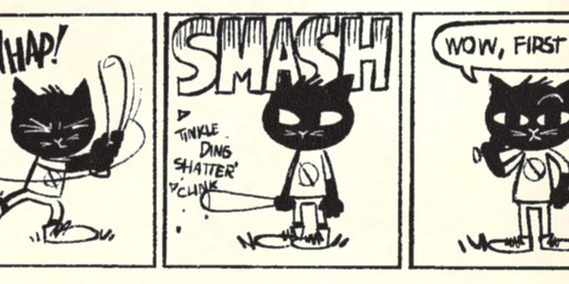 anthro ball baseball_(ball) baseball_bat bat_(object) batting black_body black_fur boots bottomwear breaking breaking_out_of_frame clipped_ear clothing deadpan dialogue eyebrows female footwear fur grass hand_on_hip hitting long_sleeve_shirt long_sleeves looking_aside looking_at_viewer motion_lines motion_onomatopoeia onomatopoeia pants plant raised_eyebrow shirt shoes simple_background solo sound_effects speech_bubble stop_sign swinging_weapon t-shirt text topwear whiskers vickydanne calvin_and_hobbes night_in_the_woods mae_borowski domestic_cat felid feline felis humanoid mammal black_and_white comic monochrome