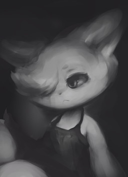 anthro bangs black_clothing black_lips black_nose black_topwear circle_eyebrows clothing ears_down eyebrows eyelashes female female_anthro fur grey_body grey_ears grey_eyes grey_fur grey_hair hair head_tilt kemono lips looking_forward mouth_closed one_eye_obstructed pivoted_ears pupils sitting solo topwear hasukii hazuki_mikami_(hasukii) canid canine mammal monochrome