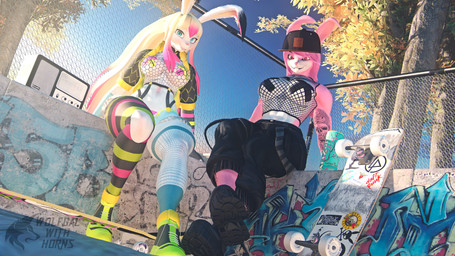 abs anthro blonde_hair clothing duo female female/female fluffy_ears fur graffiti hair hat headgear headwear muscular muscular_anthro muscular_female nipple_tape pasties pink_body pink_fur pink_hair pink_nose plant skate_park skateboard sunset tape tattoo tree vehicle white_body ludexus vtuber lully_pop zafy_takada_(ludexus) lagomorph leporid mammal rabbit 16:9 3d_(artwork) 4k absurd_res digital_media_(artwork) hi_res source_filmmaker_(artwork) widescreen