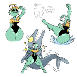 anthro big_butt big_eye big_pupils breasts butt clothing fangs female from_front_position grin hat headgear headwear hug huge_hips non-mammal_breasts pose pupils sharp_teeth small_breasts smile solo squeezing teeth thick_thighs victory_position water wide_hips diegutan merlin_brava aquatic fish 1:1 hi_res