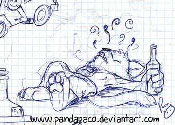 anthro bottle clothed clothing container drunk eyes_closed fangs head_tuft holding_bottle holding_container holding_object logo lying male on_back open_mouth pawpads solo substance_intoxication teeth text tuft young young_anthro young_male pandapaco canid canine mammal 2015 artist_logo monochrome signature url