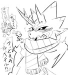 anthro black_sclera blush duo embarrassed horn male scar text tsundere im7yx bandai_namco digimon digimon_ghost_game betelgammamon digimon_(species) gulusgammamon scalie hi_res japanese_text monochrome translation_request