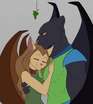 anthro black_body black_fur brown_hair clothed clothing duo eyes_closed female fur hair holly_(plant) hug male mistletoe plant tan_body tan_fur wings yellow_eyes hexteknik disney gargoyles maggie_reed_(gargoyles) talon_(gargoyles) felid mammal mutate_(gargoyles) 2018 hi_res