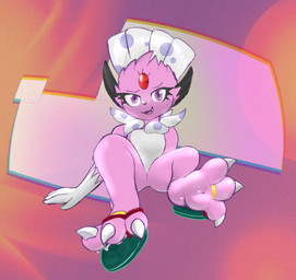 3_toes 4_fingers ambiguous_gender anthro bodily_fluids casual_nudity claws clothing countershade_feet countershading digit_ring feathers feet fingers flip_flops footwear fur jewelry looking_at_viewer male paws pink_body pink_fur pink_soles plantigrade pokemorph purple_eyes ring sandals shoes soles solo sweat toe_claws toe_ring toes two_tone_feet two_tone_paws wrinkled_feet wrinkles knowvoid nintendo pokemon fan_character kerolink generation_4_pokemon pokemon_(species) weavile colored digital_media_(artwork) full-length_portrait portrait shaded