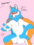 abs anthro arm_tuft balls belly big_balls big_penis blue_body blue_fur blue_hair blue_mane blue_nose blue_pawpads blue_penis blush bodily_fluids chest_tuft dialogue digitigrade elbow_tuft embarrassed fluffy foreskin fur genitals grey_body grey_ears grey_fur hair half-erect head_tuft humanoid_genitalia humanoid_penis laugh male mane multicolored_body multicolored_fur muscular muscular_anthro muscular_male nervous nervous_laugh nervous_smile nervous_sweat orange_body orange_eyes orange_fur pawpads pecs penis raised_leg reaching reaching_out reaching_towards_viewer retracted_foreskin simple_background sitting solo sweat sweatdrop talking_to_another talking_to_viewer text tongue tuft white_belly white_body neon_lion mythology strip_meme duncan_barlow_(neon_lion) canid canine canis mammal mythological_canine mythological_creature werecanid werecanine werecreature werewolf wolf 3:4 english_text hi_res shaded simple_shading