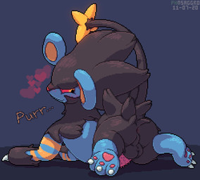 3_toes animal_genitalia animal_penis anus backsack balls bedroom_eyes black_balls black_body black_butt black_fur black_perineum black_tuft blue_background blue_body blue_countershading blue_fur blush blush_lines butt claws countershading feet feline_genitalia feline_penis feral fluffy fur genitals heart_symbol looking_at_viewer looking_back lying male markings narrowed_eyes nude on_front pawpads penile_spines penis perineum pink_pawpads pink_penis presenting presenting_anus presenting_hindquarters purring quadruped raised_tail rear_view red_nose red_sclera seductive shadow simple_background smile smirk soles solo spread_legs spreading tail tapering_penis toe_claws toes tuft yellow_body yellow_eyes yellow_fur yellow_markings conditional_dnp phosaggro nintendo pokemon felid feline generation_4_pokemon luxray mammal pokemon_(species) 2020 dated digital_media_(artwork) pixel_(artwork) watermark