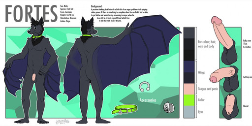 anthro arm_tuft balls biped black_body black_claws black_ears black_fur black_nose blue_membrane blue_wings butt cheek_tuft chest_tuft claws collar ear_piercing erection facial_tuft fangs finger_claws flaccid foreskin fur genitals glans glistening glistening_eyes glistening_nose green_collar grey_balls grey_body grey_fur half-erect hand_on_hip humanoid_genitalia humanoid_penis male membrane_(anatomy) penis piercing plantigrade retracted_foreskin shoulder_tuft solo standing teeth text tuft vein veiny_penis wings yookie bat mammal 2017 dated english_text model_sheet signature