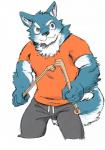 >:3 anthro backscratcher biped black_eyes black_nose blue_body blue_fur bottomwear clothed clothing eyebrows fighting_pose fully_clothed fur holding_object inner_ear_fluff kemono male multicolored_body multicolored_fur muscular muscular_anthro muscular_male pants pose shirt simple_background smile solo standing sweatpants thick_eyebrows topwear tuft two_tone_body two_tone_fur white_background white_body white_fur royalsobatya canid canine canis domestic_dog mammal