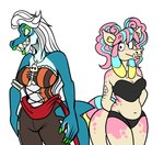 anthro arm_tattoo armband bangs belly_overhang black_bra black_clothing black_eyes black_panties black_underwear blonde_eyebrows blue_body blue_skin blue_tail bottomwear bra breasts brown_bottomwear brown_clothing brown_pants claws cleavage clothed clothed_anthro clothed_female clothing duo eyebrow_through_hair eyebrows eyelashes eyeshadow facial_piercing fangs female finger_claws fishbone fishbone_necklace freckled_face freckles fully_clothed fully_clothed_anthro fully_clothed_female green_claws green_eyes green_eyeshadow green_lips green_lipstick hair jewelry larger_anthro larger_female lips lipstick long_hair looking_at_viewer makeup markings multicolored_body multicolored_skin navel necklace non-mammal_breasts nose_piercing nose_ring orange_corset panties pants piercing pigtails pink_freckles pink_hair pink_lips pink_markings red_sash ring_piercing sash simple_background size_difference smaller_anthro smaller_female smile smiling_at_viewer standing striped_corset tail tail_markings tattoo teeth thick_bottom_lip translucent translucent_hair two_tone_body two_tone_skin underwear wavy_hair white_background white_eyelashes white_hair yellow_armband yellow_body yellow_skin beastofeuthanasia adine_(beastofeuthanasia) coco_(beastofeuthanasia) cetacean dolphin eel fish mammal marine oceanic_dolphin orca toothed_whale 2023 digital_drawing_(artwork) digital_media_(artwork) flat_colors hi_res