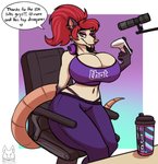 anthro big_breasts bottle bottomwear breasts brown_hair chair cleavage clothed clothing container controller curvy_figure dialogue electronics female furniture game_controller gaming gaming_chair gaming_headset hair headphones headphones_around_neck huge_breasts pants ponytail sitting solo text thong thong_straps thot tongue tongue_out twitch_thot underwear yoga_pants tacticalfur g_fuel twitch.tv tania_tlacuache american_opossum mammal marsupial virginia_opossum absurd_res english_text hi_res