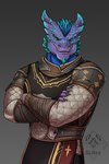 anthro armor belt blue_body blue_eyes blue_scales bracers cheek_spikes chin_spikes claws clothed clothing crossed_arms eyebrow_spikes eyeliner facial_piercing facial_spikes head_spines horn looking_at_viewer makeup male nose_piercing nose_ring piercing pupils purple_body purple_scales ring_piercing scale_armor scales slit_pupils smile solo spikes spikes_(anatomy) standing tabard glhiro baldur's_gate baldur's_gate_3 bioware dungeons_and_dragons electronic_arts hasbro larian_studios wizards_of_the_coast torrin_(lesfleurs) dragonborn_(dnd) scalie hi_res