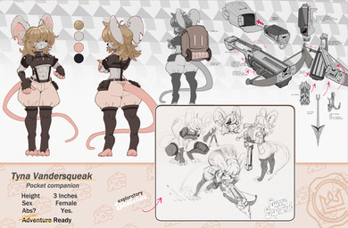 3_toes 5_fingers abs action_pose ahoge anthro arm_belt arm_support arrow_(weapon) backpack belt belt_pouch big_butt blonde_hair bottomwear breasts buckteeth butt claws clothed clothing color_swatch crop_top crossbow crossbow_bolt crossed_arms crouching directional_arrow ear_piercing feet female finger_claws fingerless_gloves fingers fish_hook fishing_line front_and_back gloves grey_background hair hair_over_eye hair_over_eyes handwear harpoon holding_arrow holding_crossbow holding_crossbow_bolt holding_object holding_ranged_weapon holding_weapon hook inner_ear_fluff jodhpurs legband legwear long_hair medium_breasts melee_weapon micro midriff muscular muscular_female navel notched_ear pants pattern_background piercing polearm pose ranged_weapon shirt short simple_background solo spear spool standing stapler suspenders tail teeth text thigh_highs toe_claws toeless_legwear toeless_thigh_highs toes tomboy topwear tuft under_boob weapon zipper bunnybaphomet tyna_(meowdandy) mammal mouse murid murine rodent 2026 absurd_res english_text hi_res model_sheet signature sketch_page
