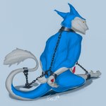 anthro blue_body blue_fur bound chain chained chained_to_floor cuff_(restraint) fur genitals hand_on_back lying male multicolored_body multicolored_fur nude on_back penis restraints simple_background solo tail white_body white_fur yellow_eyes ericherilan manoslore sergal 1:1 absurd_res hi_res