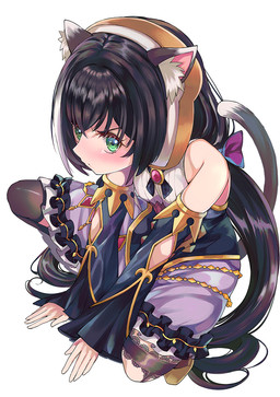 black_body black_fur black_hair blush bread clothing female food fur green_eyes hair long_hair simple_background solo kaltoma cygames princess_connect! princess_connect!_re:dive karyl_(princess_connect!) animal_humanoid cat_humanoid felid felid_humanoid feline feline_humanoid humanoid mammal mammal_humanoid hi_res