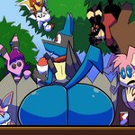 anthro big_butt biped blue_body butt butt_focus detailed_background female group huge_butt in_tree male nude plant rear_view tree pembrokewkorgi nintendo pokemon bash_the_lucario juno_(pembrokewkorgi) silky_smooth truffles_the_audino ampharos audino eeveelution galvan generation_2_pokemon generation_4_pokemon generation_5_pokemon generation_6_pokemon lucario pokemon_(species) sylveon umbreon 1:1 digital_media_(artwork) hi_res