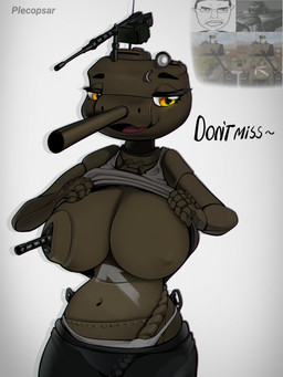 anthro big_breasts breasts brown_body clothing female gun humor machine machine_gun markings piercing ranged_weapon shirt solo speech_bubble standing tank_(vehicle) tank_top topwear vehicle weapon plecopsar gaijin_entertainment m4_sherman soyjak war_thunder living_machine living_tank living_vehicle 3:4 absurd_res hi_res meme shaded