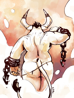 anthro black_hair butt chain cloud cuff_(restraint) hair horn male nude overweight overweight_anthro overweight_male rear_view restraints shackles short_hair solo standing tail tail_tuft tuft white_body white_ears white_horn chocolateandmilk bovid bovine cattle mammal 2021 absurd_res dated hi_res