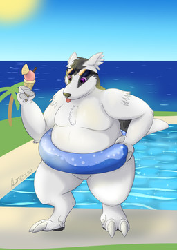 anthro anthrofied black_markings dessert eyewear featureless_crotch food fur ice_cream ice_cream_cone inflatable inner_tube male markings overweight overweight_male poolside purple_eyes semi-anthro solo sunglasses white_body white_fur alex.fetter fakemon nintendo pokemon generation_3_pokemon linoone mammal mustelid pokemon_(species) absurd_res hi_res