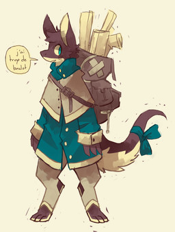 5_fingers anthro backpack blue_eyes blue_ribbon clothed clothing fingers male open_mouth ribbons simple_background solo text white_background retros mammal absurd_res digital_media_(artwork) hi_res