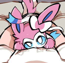 ambiguous_gender blue_inner_ear blue_sclera blush blush_lines bottomwear clothing duo feral fur holding_another looking_at_viewer looking_up looking_up_at_viewer lying_on_another pants pink_body pink_ears pink_fur pink_tail ribbons_(anatomy) shirt tail topwear white_body white_eyes white_fur letaslettuce nintendo pokemon eeveelution generation_6_pokemon human mammal pokemon_(species) sylveon 2025 hi_res
