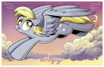 blonde_hair border cloud cutie_mark derp_eyes eyelashes feathered_wings feathers female feral flying grey_body grey_feathers hair hooves outside silly sky smile solo spread_wings text tongue tongue_out white_border wings yellow_eyes andy_price friendship_is_magic hasbro my_little_pony mythology derpy_hooves_(mlp) equid equine mammal mythological_creature mythological_equine pegasus 2012 portrait signature traditional_media_(artwork)