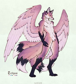 anthro black_body black_fur blue_eyes cheek_tuft claws digitigrade facial_tuft fangs feathered_wings feathers fluffy fluffy_tail fur male multi_tail muscular navel neck_tuft nipples nude nude_anthro nude_male pink_body pink_fur purple_body purple_fur simple_background smile solo tail teeth text tuft white_body white_fur wings tashiroth canid canine fox mammal english_text flat_colors full-length_portrait hi_res line_art model_sheet portrait