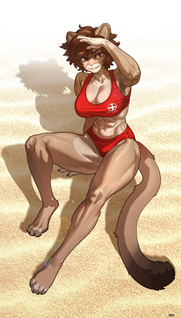 4_toes abs anthro bangs barefoot big_breasts black_markings black_tail_tip breasts brown_body brown_fur brown_hair brown_tail claws cleavage clothed clothed_anthro clothed_female clothing countershade_face countershade_torso countershading day dipstick_tail eyebrows feet female female_anthro fingernails fingers front_view fur gloves_(marking) hair humanoid_hands iris lifeguard lifeguard_swimsuit light long_tail looking_at_viewer markings multicolored_body multicolored_fur muscular muscular_anthro muscular_female nails navel outside pink_nose pupils purple_eyes red_clothing red_swimwear sand short_hair sitting smile smiling_at_viewer solo swimwear tail tail_markings teeth thick_thighs toe_claws toeless_(marking) toes topwear white_body white_countershading white_fur white_markings white_sclera pgm300 olivia_morgan_(vex) cougar felid feline mammal 2025 absurd_res digital_media_(artwork) full-length_portrait hi_res lighting portrait