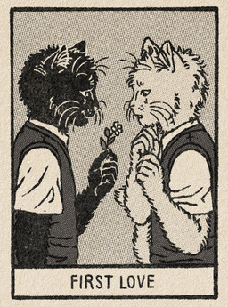 anthro black_body black_fur clothing dotted_background duo flower fur gift holding_object male pattern_background plant romantic romantic_couple school_uniform shirt simple_background surprised sweater text topwear uniform white_body white_fur danielpup domestic_cat felid feline felis mammal english_text greyscale monochrome