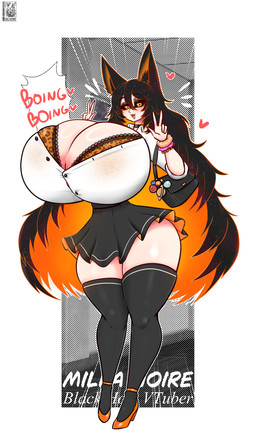 big_breasts black_hair black_sclera bottomwear bra breasts clothing cosmic_hair double_v_sign ethereal_hair female footwear gesture hair hand_gesture high_heels huge_breasts hyper hyper_breasts inner_ear_fluff looking_at_viewer multicolored_hair open_mouth orange_hair shoes skirt solo text tongue topwear tuft two_tone_hair underwear v_sign white_clothing white_topwear halotroll vtuber milla_noire animal_humanoid canid canid_humanoid canine canine_humanoid fox_humanoid humanoid mammal mammal_humanoid 2026 absurd_res hi_res