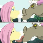 1:1 anthro bodily_fluids cum cum_in_mouth cum_inside discord_(mlp) drinking drinking_cum duo equid equine female fluttershy_(mlp) friendship_is_magic genital_fluids hasbro hi_res horatio_svetlana horse licking male male/female mammal my_little_pony onomatopoeia pony sound_effects swallowing text tongue tongue_out two_panel_image
