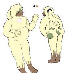 anthro belly belt butt featureless_crotch fur hair hair_over_eyes long_ears male nude null_bulge overweight smile solo yellow_body yellow_fur multisonicrules bandai_namco digimon angoramon digimon_(species)