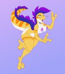 absurd_res anthro areola big_tail biped breasts dialogue digital_media_(artwork) english_text female hi_res nipples non-mammal_breasts nude open_mouth reptile scalie simple_background solo speech_bubble tail takiminada text tongue tongue_out tripping wide_hips