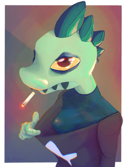 anthro black_clothing black_teeth bodysuit border cigarette clothing collar collar_pull eyeshadow female green_body green_scales head_spikes looking_at_viewer makeup nipple_outline red_eyes scales simple_background skinsuit solo spikes spikes_(anatomy) sweater teeth tight_clothing topwear white_border yellow_sclera largedrat night_in_the_woods bea_santello lizard reptile scalie 3:4 hi_res